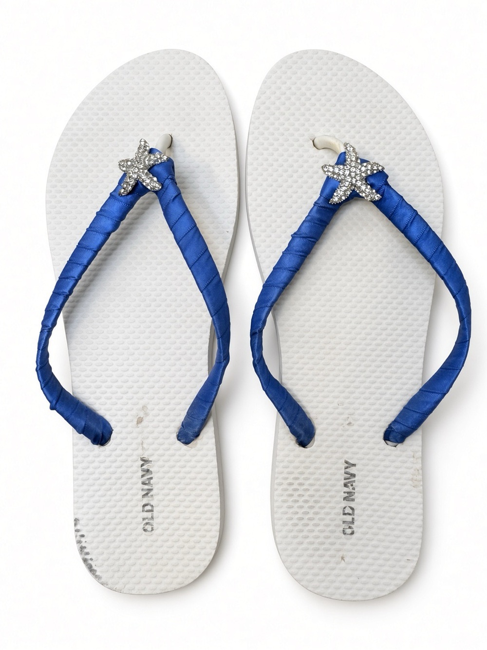 Old Navy White Flip Flops custom Blue Satin Straps and Rhinestone Starfish 8
